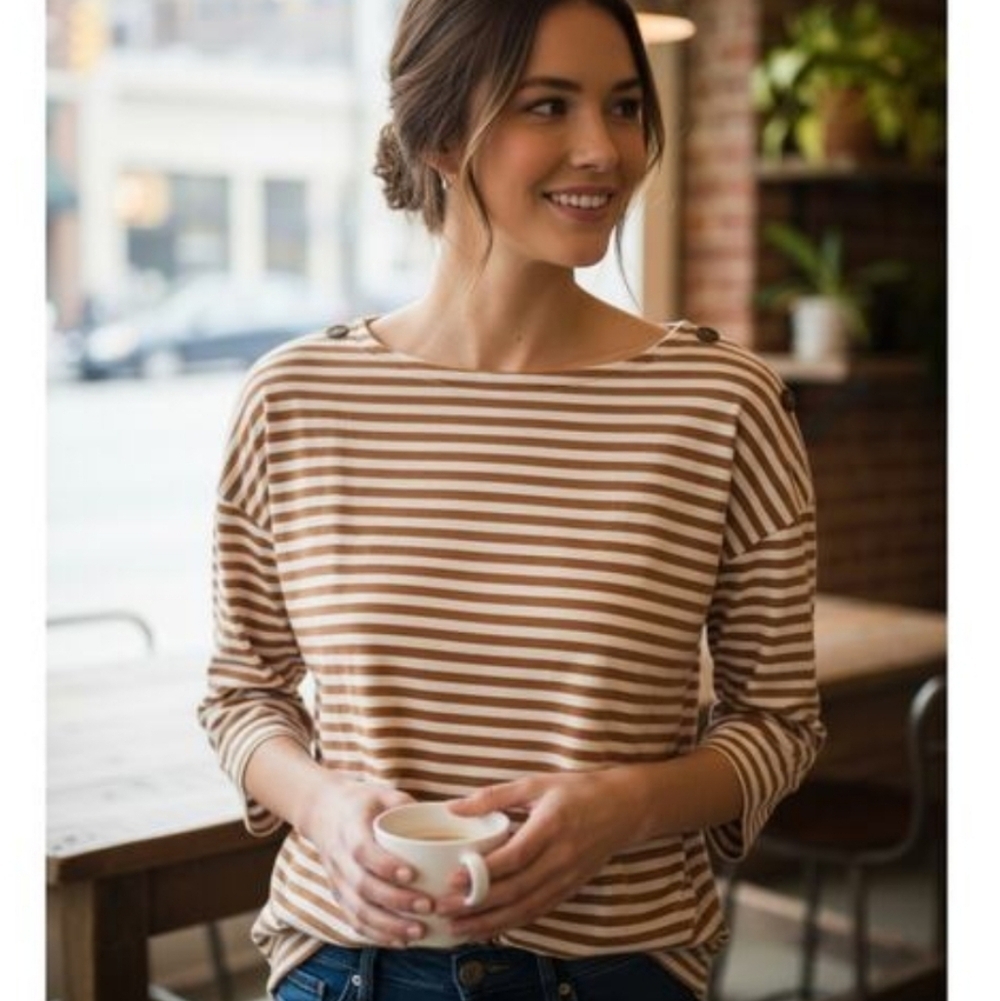 Talbots Womens Top Breton Bateau Kalahari Stripe Buttons Bown White Size MP